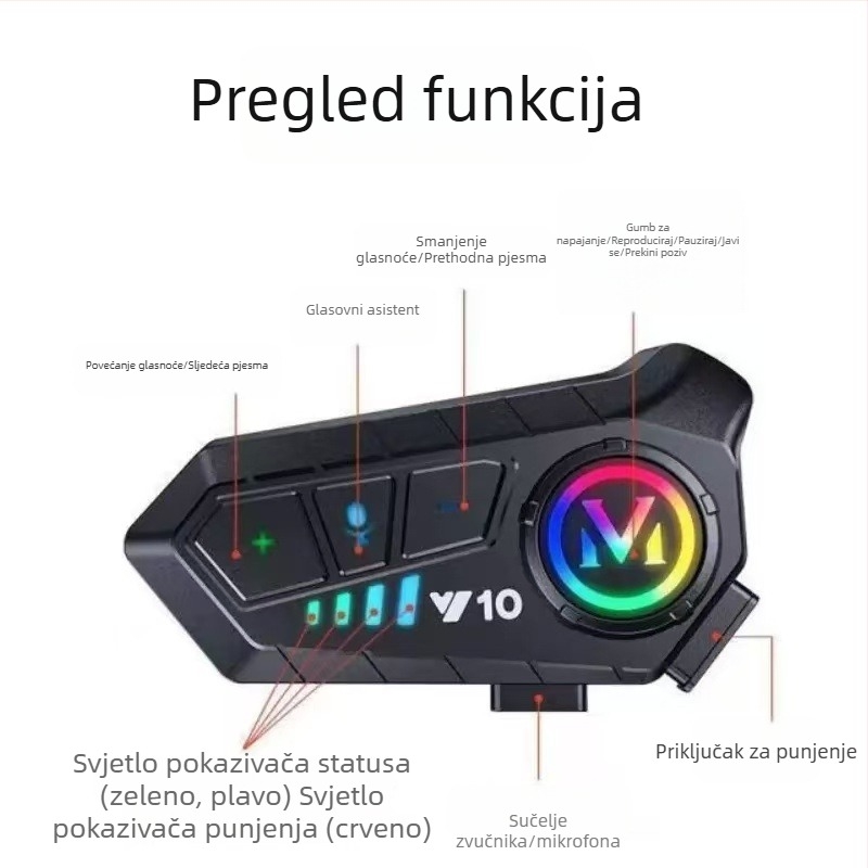 Y10 Bežični Bluetooth headset za kacigu za vožnju i dostavu — Inteligentno Glasovno Upravljanje, Dugotrajna Baterija, Mekani Mikrofon, IPX6 Vodootpornost, Bluetooth 5.3, Stereo Zvuk s Dva Kanala