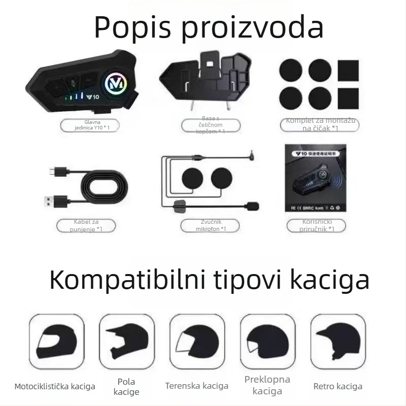 Y10 Bežični Bluetooth headset za kacigu za vožnju i dostavu — Inteligentno Glasovno Upravljanje, Dugotrajna Baterija, Mekani Mikrofon, IPX6 Vodootpornost, Bluetooth 5.3, Stereo Zvuk s Dva Kanala