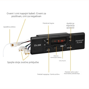 Ts208 Bluetooth MP3 player za auto s FM radiom, 12V napajanje, ABS kućište, 800 g, bez memorije