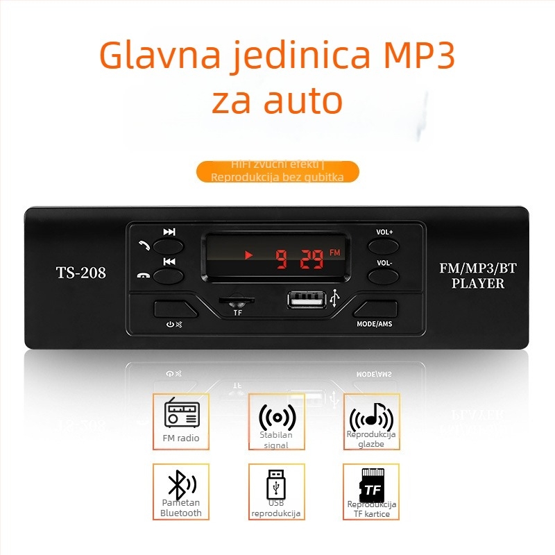Ts208 Bluetooth MP3 player za auto s FM radiom, 12V napajanje, ABS kućište, 800 g, bez memorije