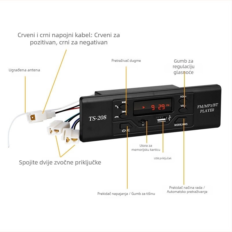 Ts208 Bluetooth MP3 player za auto s FM radiom, 12V napajanje, ABS kućište, 800 g, bez memorije