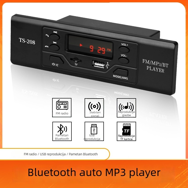 Ts208 Bluetooth MP3 player za auto s FM radiom, 12V napajanje, ABS kućište, 800 g, bez memorije