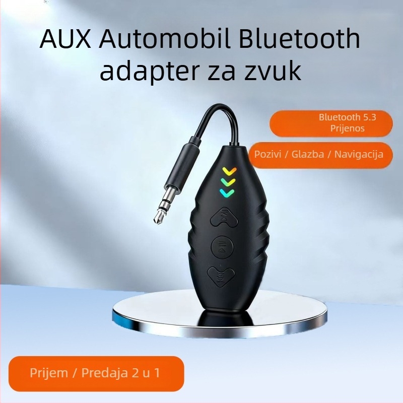 3-u-1 auto Bluetooth prijemnik i pojačalo s AUX audio adapterom, Hands-Free pozivi, Bluetooth 5.3, 5–12V, 3,5 mm audio priključak, 2,4 GHz