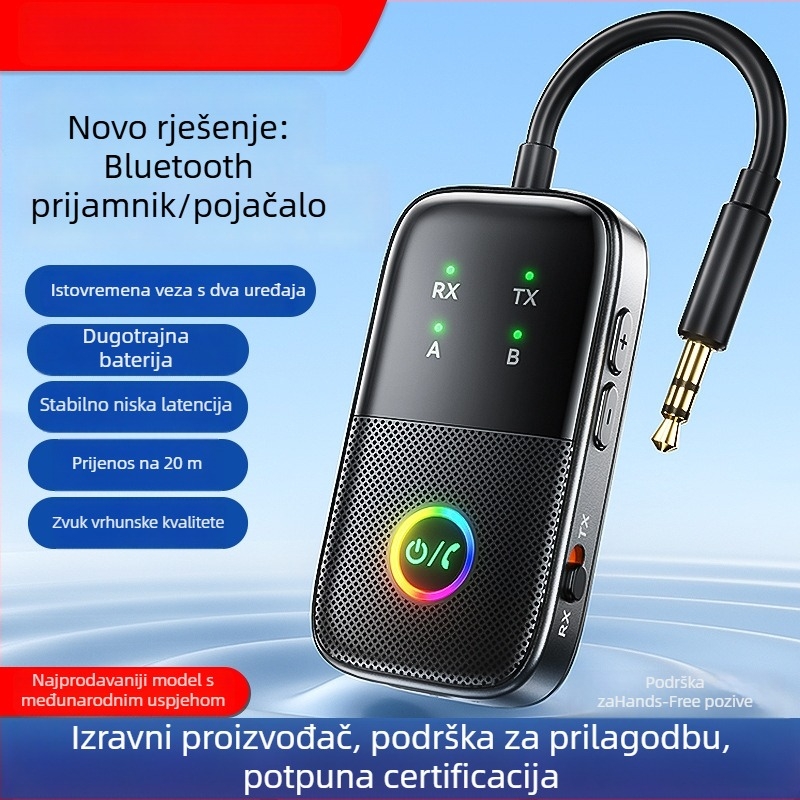 Bluetooth prijemnik i odašiljač 2-u-1 za auto AUX, hands-free audio adapter, model A5 Pro, sučelje 3,5 mm/Type-C, Bluetooth 5.2, Plug-and-Play, vanjsko napajanje, domet 20 m