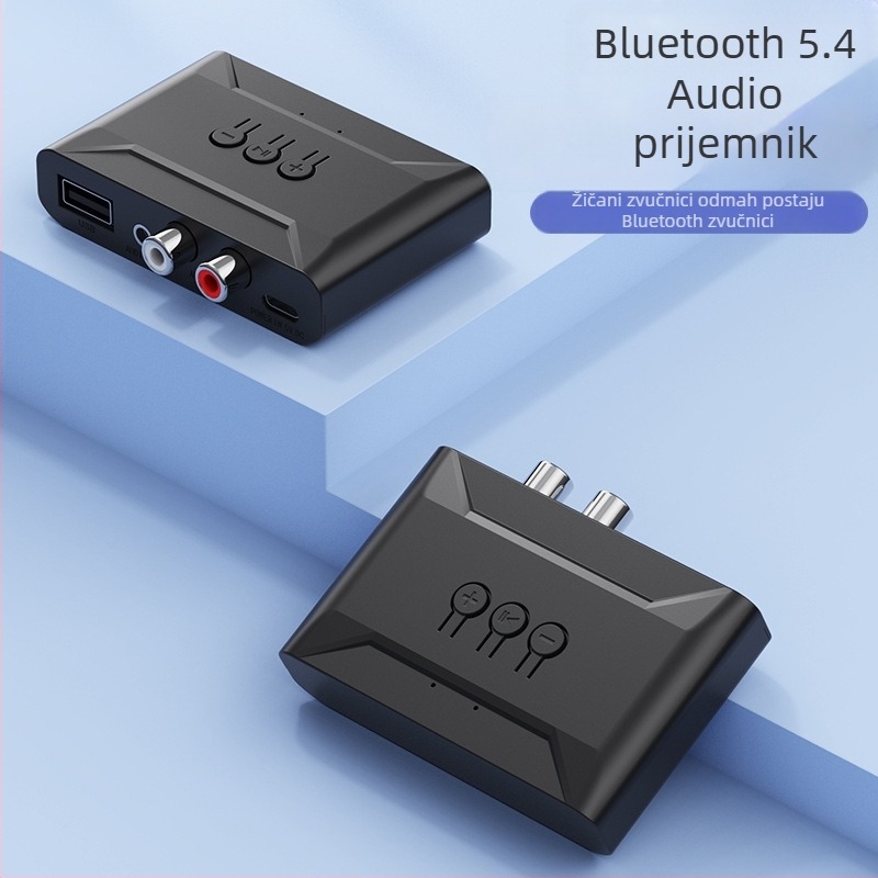 Automobilski Bluetooth prijemnik za glazbu s hands-free, USB reprodukcija; Bluetooth 5.4, sučelja: 3,5 mm, RCA, USB; plug‑and‑play, vanjsko napajanje, domet 5 m