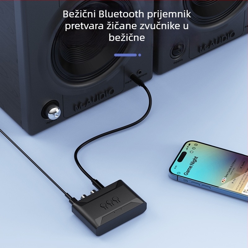 Automobilski Bluetooth prijemnik za glazbu s hands-free, USB reprodukcija; Bluetooth 5.4, sučelja: 3,5 mm, RCA, USB; plug‑and‑play, vanjsko napajanje, domet 5 m