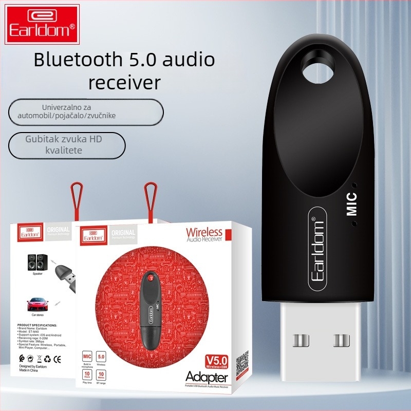 Earldom M40 Bluetooth prijemnik USB, Plug‑and‑Play za automobil, hands-free pozivi, Bluetooth 5.0, domet 10 m
