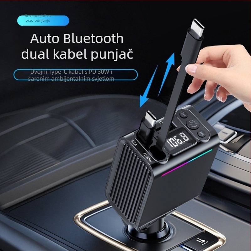Automobilski Bluetooth MP3 player s FM prijenosnikom, PD brzo punjenje USB punjač, izvučni dvostruki kabel, adaptеr za upaljač