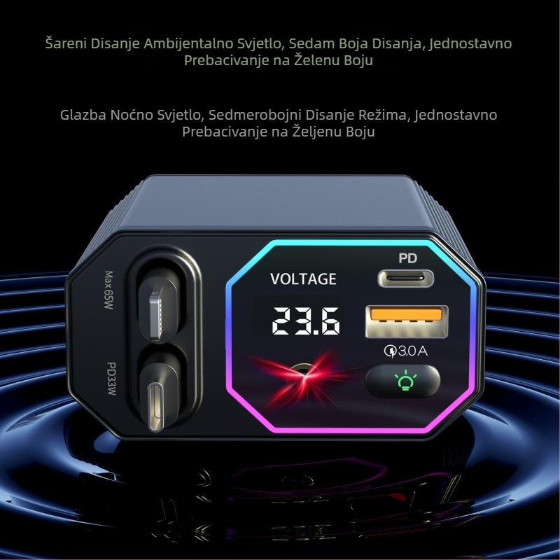 A26 auto punjač s digitalnim prikazom i svjetlom zvijezdanog neba, 120W, izvlačivi kabel, USB, 12-24V