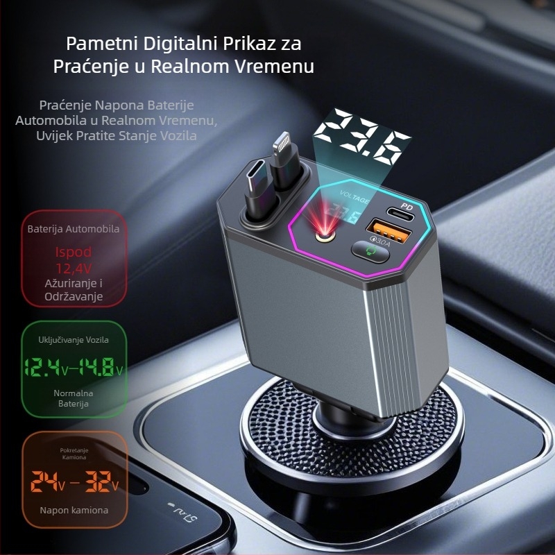 A26 auto punjač s digitalnim prikazom i svjetlom zvijezdanog neba, 120W, izvlačivi kabel, USB, 12-24V