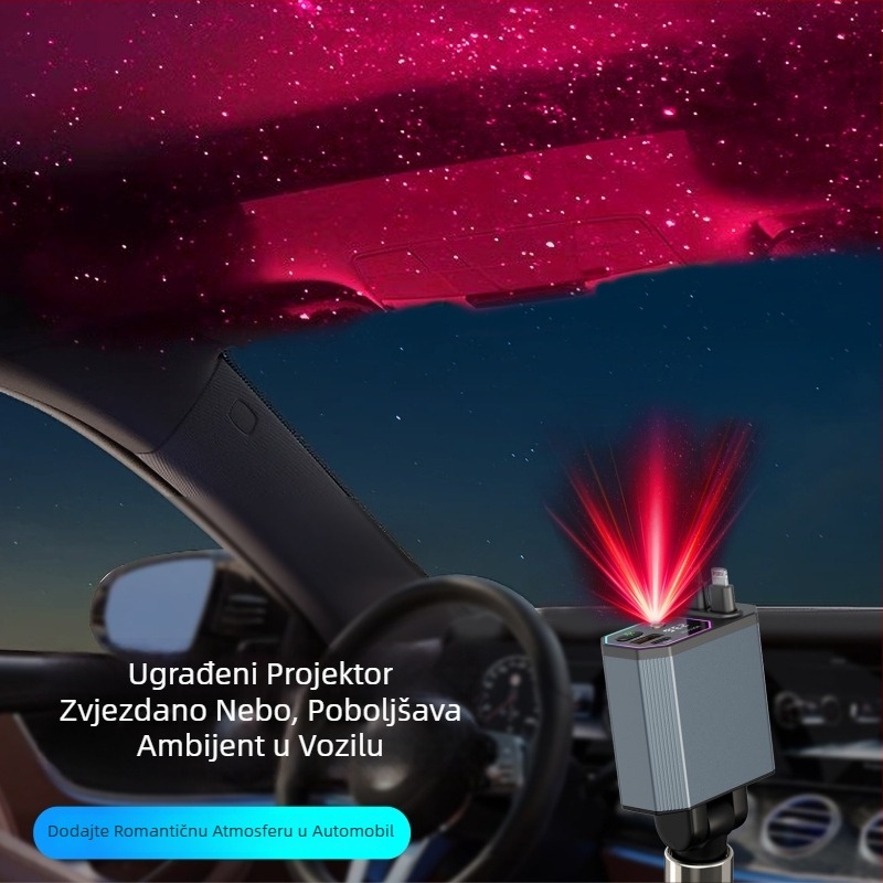 A26 auto punjač s digitalnim prikazom i svjetlom zvijezdanog neba, 120W, izvlačivi kabel, USB, 12-24V