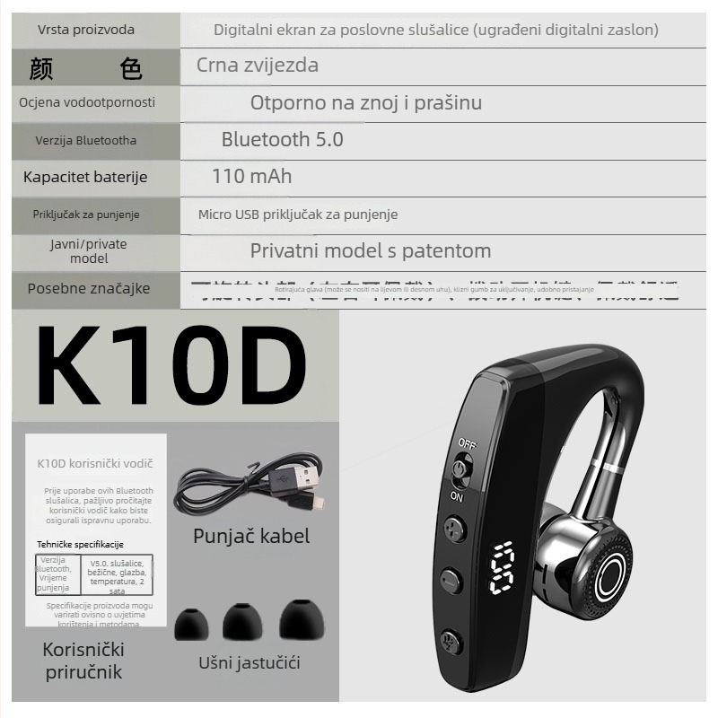 Bluetooth slušalica za jedno uho s digitalnim zaslonom, Bluetooth 5.0, domet 10 m, trajanje baterije 4–8 h, nosiva na uho, sportska slušalica