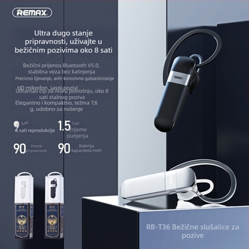Remax bežična Bluetooth slušalica za uho s kukućom, podržava pozive i glazbu, Bluetooth 5.0, domet 10 m, mono način, trajanje baterije do 4 h