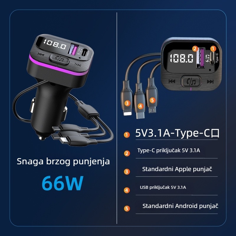 Automobilski MP3 player s Bluetoothom, hands-free pozivi, FM transmitter, 66W brzo punjenje, USB sučelje