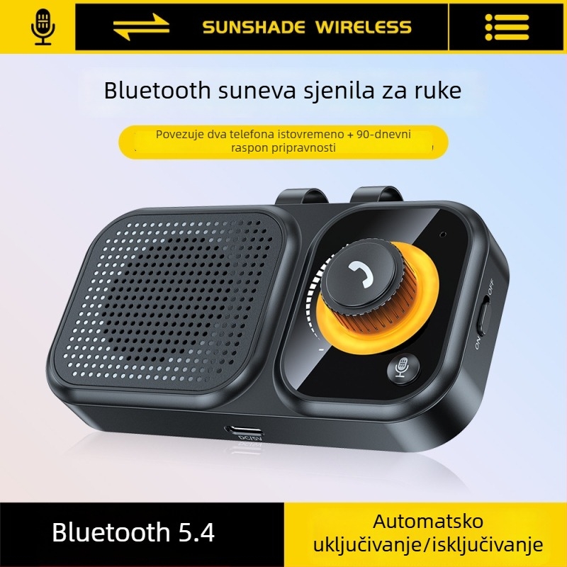 Bluetooth hands-free za automobil s montažom na sunčani vizir; dvostruki 2W zvučnici; ulaz 5V; Bluetooth 2.4–2.48 GHz