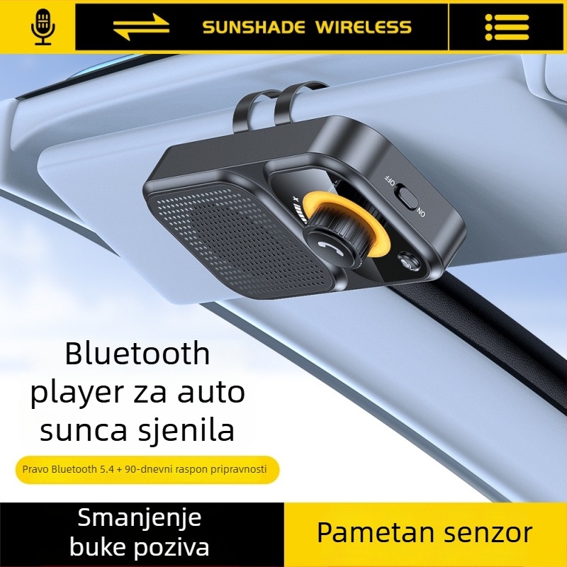 Bluetooth hands-free za automobil s montažom na sunčani vizir; dvostruki 2W zvučnici; ulaz 5V; Bluetooth 2.4–2.48 GHz