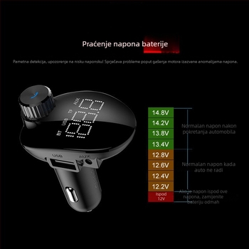 Auto FM transmiter s MP3 Bluetooth playerom, 87,5–108 MHz, 20–20 kHz, distorzija <3%, domet 5 m, 12–24 V
