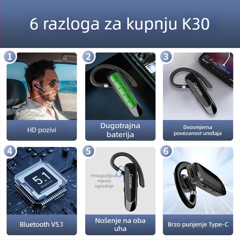 Bluetooth slušalica za jedno uho, domet 10 m, trajanje baterije >8 sati, redukcija buke, glasovno upravljanje, Bluetooth 5.0