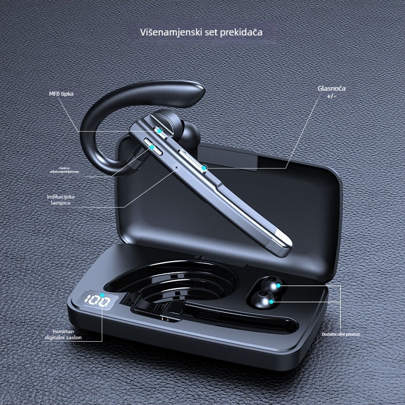 Bežične slušalice za uho s digitalnim prikazom, Bluetooth 5.3, domet 10 m, jednostrani, IPX7, trajanje baterije više od 8 sati