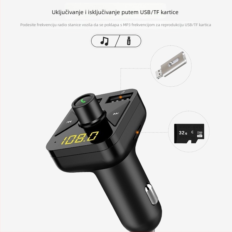 Auto MP3 Bluetooth player BT16 s FM transmiterom, USB, 24h reprodukcija, napajanje 12-24V