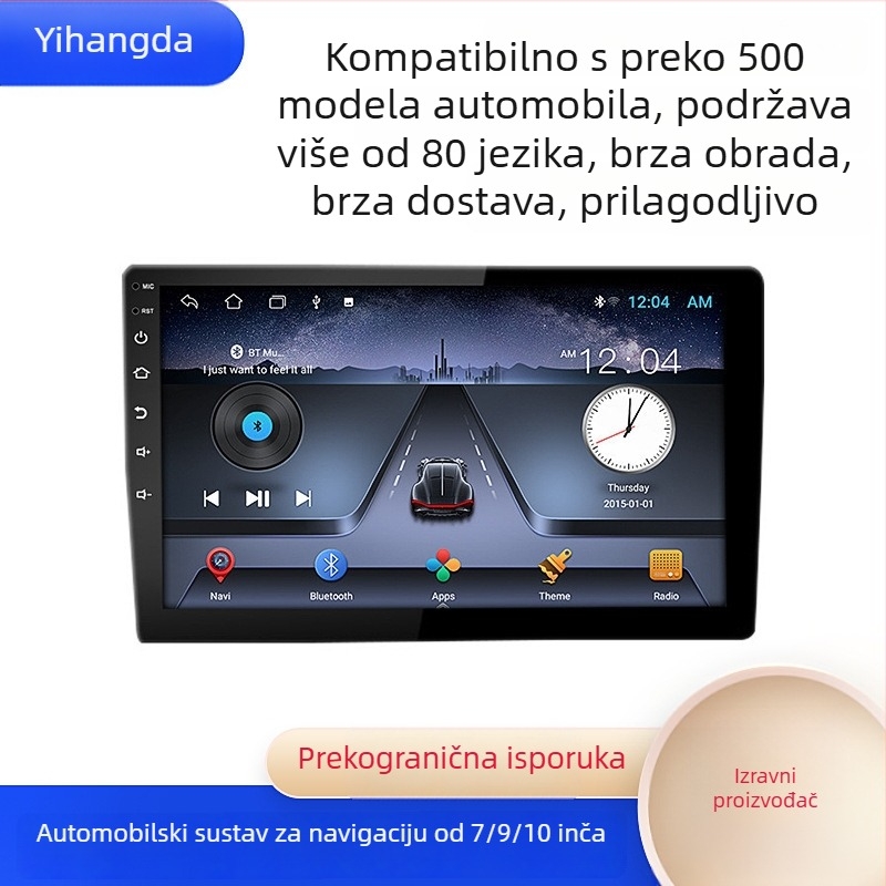 Android automobilska navigacijska jedinica s Bluetoothom, Wi‑Fi i GPS‑om, zaslon 1024×600, napajanje 12V, 45W×4, univerzalna kompatibilnost