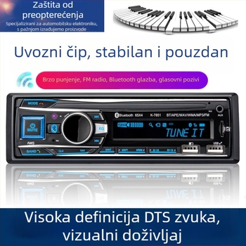 Automobilski radio s Bluetooth MP3 playerom, model K-7851, napajanje 12V/24V DC, ISO sučelje, FM radio, monochromatski zaslon