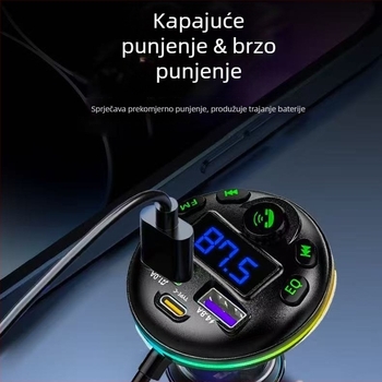 Automobilski Bluetooth FM transmiter s digitalnim zaslonom, QC3.0 USB PD, 12-24V napajanje kroz upaljač