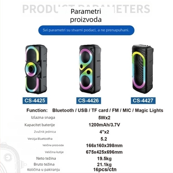 Bluetooth zvučnik s dva zvučnika, Bluetooth 5.2, izlaz 10-20W, FM radio, ugrađena baterija 2000-4000 mAh