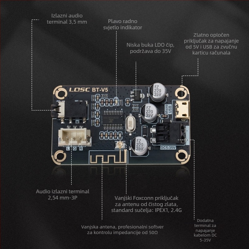 MP3 Bluetooth dekodirajuća pločica s 5.1-kanalnim audio pojačalom za automobil (BT-V5; niskošumni LDO čip; Bluetooth naziv: LQSC_BT; Napajanje: DC5V-35V)