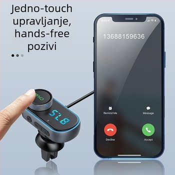 Automobilski Bluetooth FM transmiter s QC3.0 i PD brzim punjenjem, model T78, napajanje 12–24 V, USB sučelje, FM prijenos, 1,3-inčni monokromatski zaslon