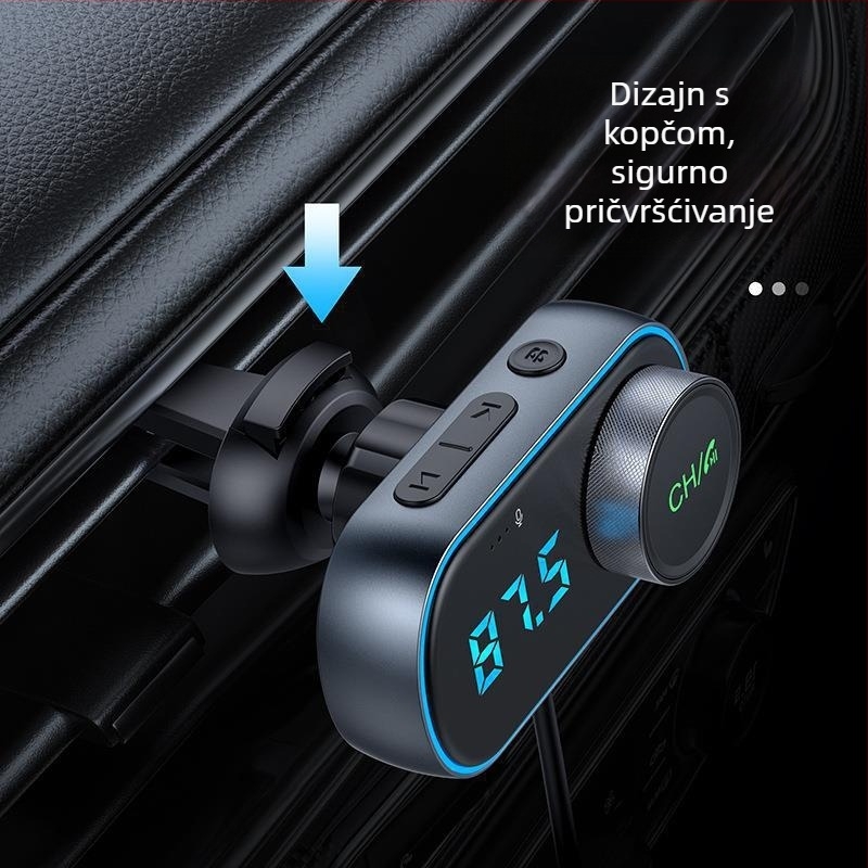 Automobilski Bluetooth FM transmiter s QC3.0 i PD brzim punjenjem, model T78, napajanje 12–24 V, USB sučelje, FM prijenos, 1,3-inčni monokromatski zaslon