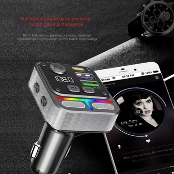 Punjač za auto s brzim punjenjem, MP3 player Bluetooth, FM radio, čitanje USB flash memorije (Model QC-05, 12–24 V)