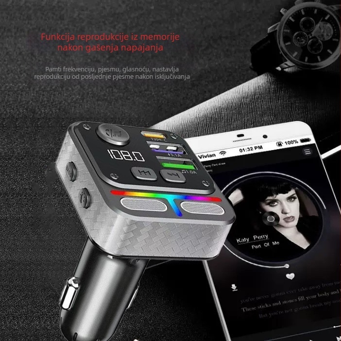 Punjač za auto s brzim punjenjem, MP3 player Bluetooth, FM radio, čitanje USB flash memorije (Model QC-05, 12–24 V)