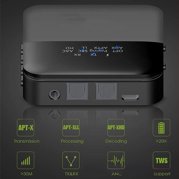 Bluetooth 5.0 odašiljač-prijemnik 2-u-1 CSR8675 | Fibre sučelje i 3,5 mm | Plug-and-Play | Vanjsko napajanje