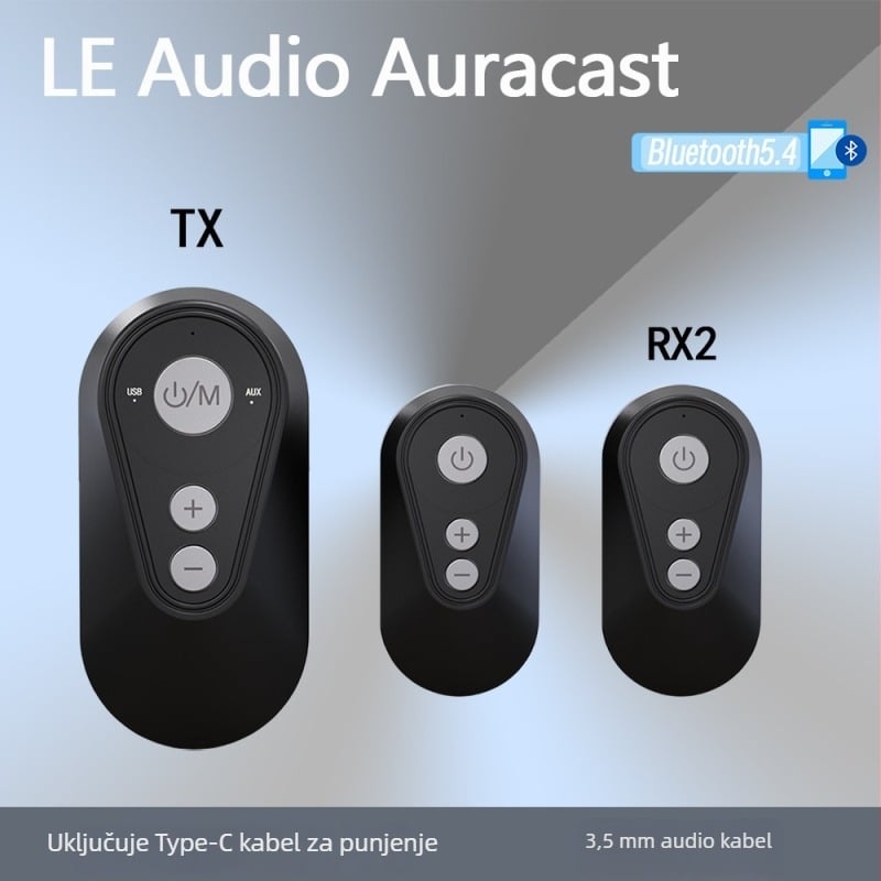 Aux Bluetooth prijemnik i predajnik (Bluetooth 5.4, sučelja 3,5 mm audio i USB-C, latencija <20 ms, domet 20 m, Plug‑and‑Play)