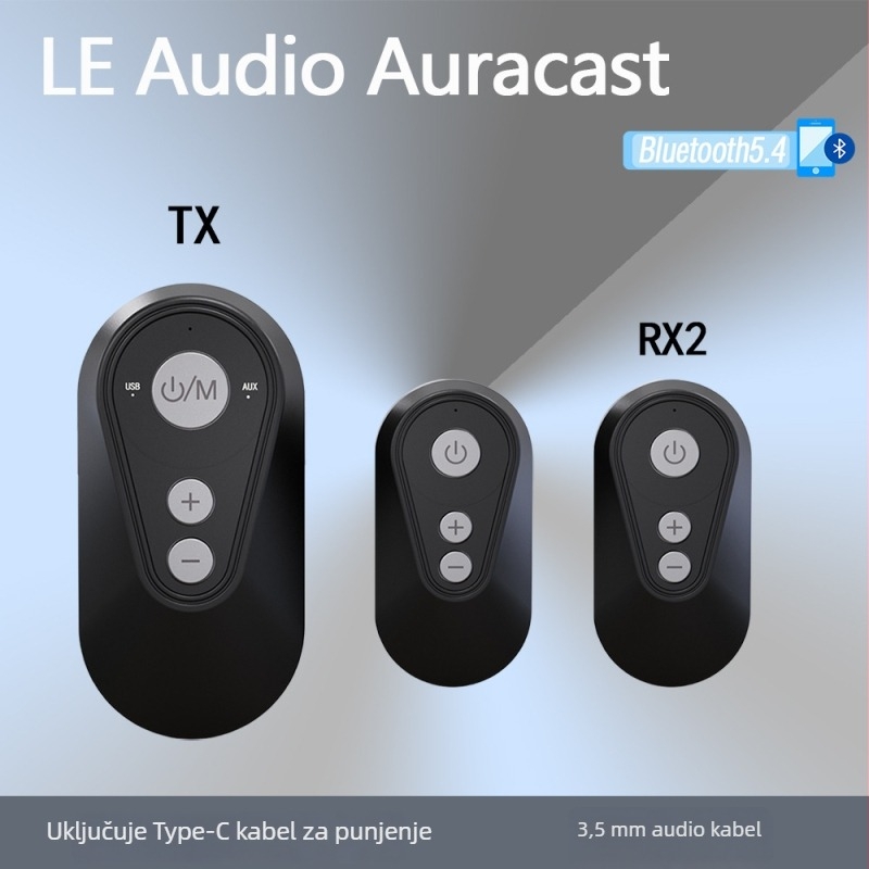 Aux Bluetooth prijemnik i predajnik (Bluetooth 5.4, sučelja 3,5 mm audio i USB-C, latencija <20 ms, domet 20 m, Plug‑and‑Play)