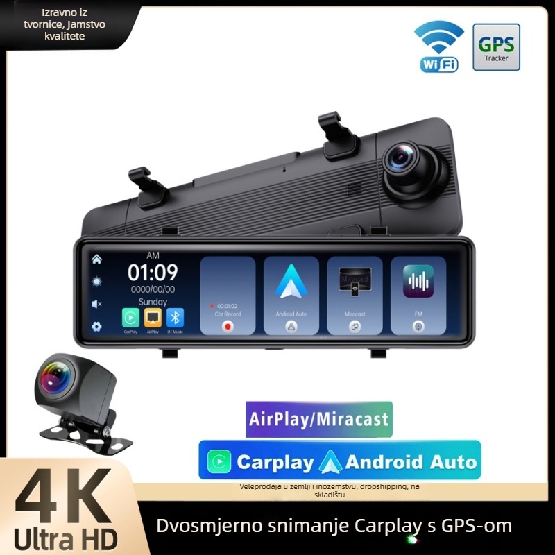 Prednja i stražnja dvostruka DVR kamera, 4K (2160p), CarPlay kompatibilan, GPS putanja, Wi‑Fi