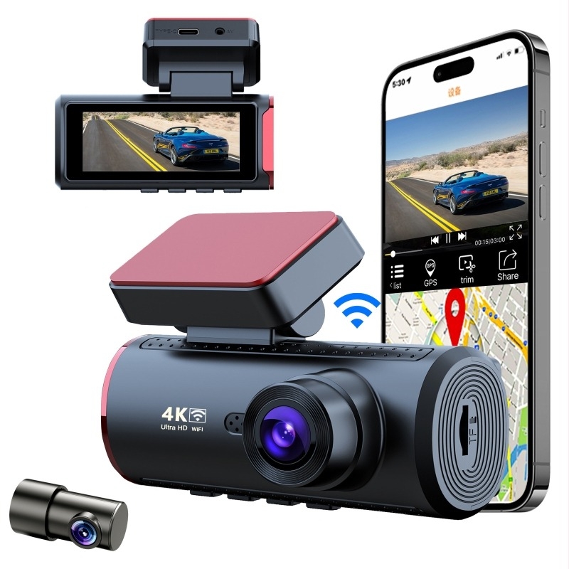 3,16-inčni auto dash cam s dvostrukim snimanjem, 4K, noćni vid, Wi-Fi, prednja i stražnja kamera, slika za parkiranje unazad