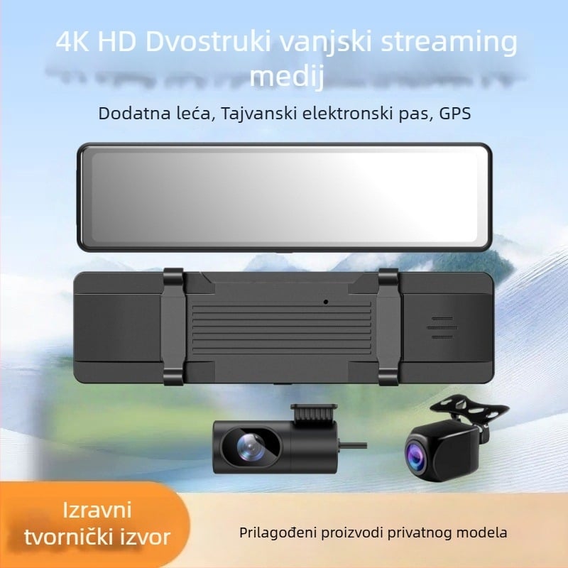 Novi 12-inčni 4K streaming dash cam s dvostrukim izvučenim razdvojenim retrovizorom, WiFi i GPS