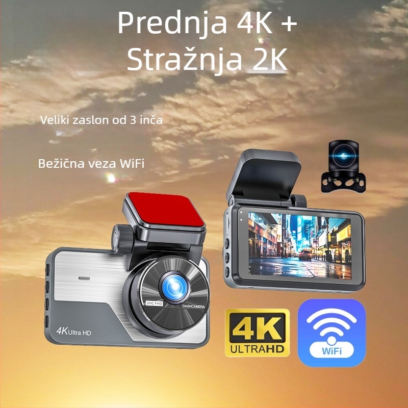 Dvostruki automobilski DVR s prednjim 4K i stražnjim 2K snimanjem, 3-inčni zaslon, Wi‑Fi, nadzor parkiranja, noćno viziranje