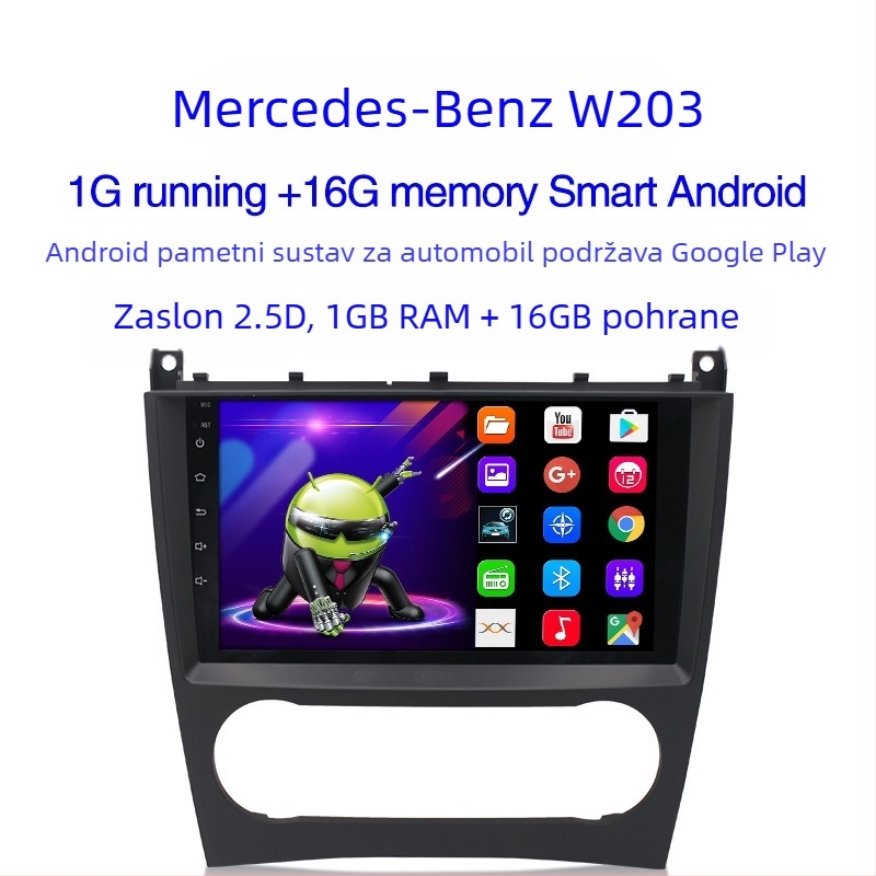 Mercedes‑Benz C‑klasa/W203 (2005–2011), Android GPS navigacija od 9 inča s kapacitivnim zaslonom, MP5 multimedija, napajanje 12V, snaga 4×45W