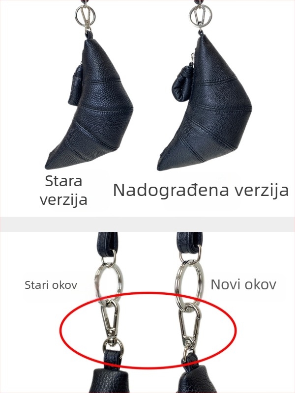 Kožna mini torbica u obliku kroasana, s držačem ključeva, držačem kartica i novčanikom, nosiva preko ramena
