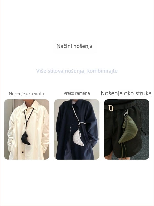 Kožna mini torbica u obliku kroasana, s držačem ključeva, držačem kartica i novčanikom, nosiva preko ramena