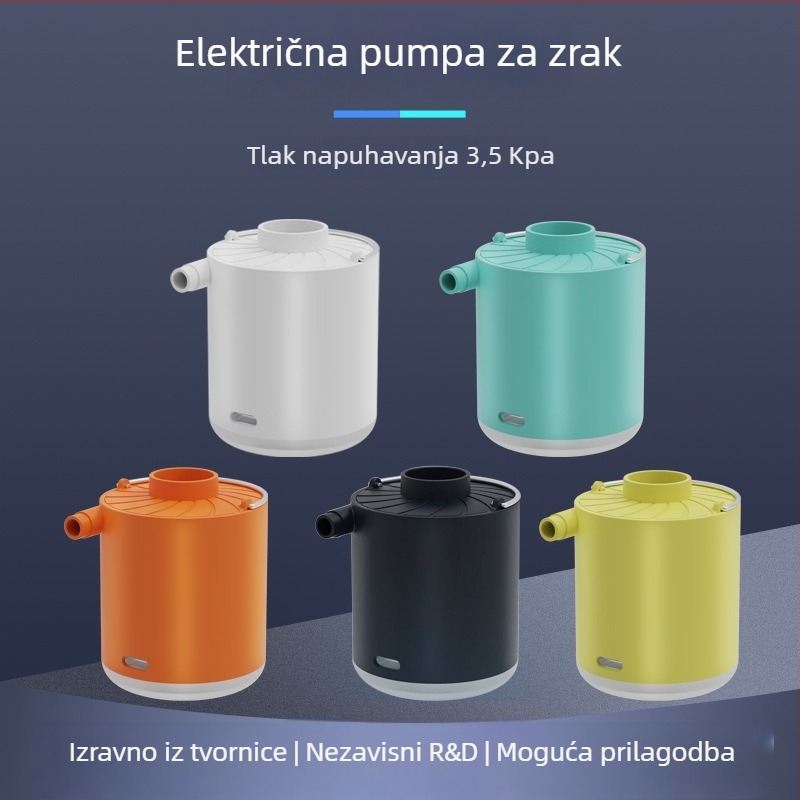 Električna pumpa za zrak s ugrađenom baterijom i osvjetljenjem za vanjske nafukljive predmete (nafukabilni madrac, plivački prsten) – ABS plastika, 5V, 2A, do 80W, protok >70 L/min