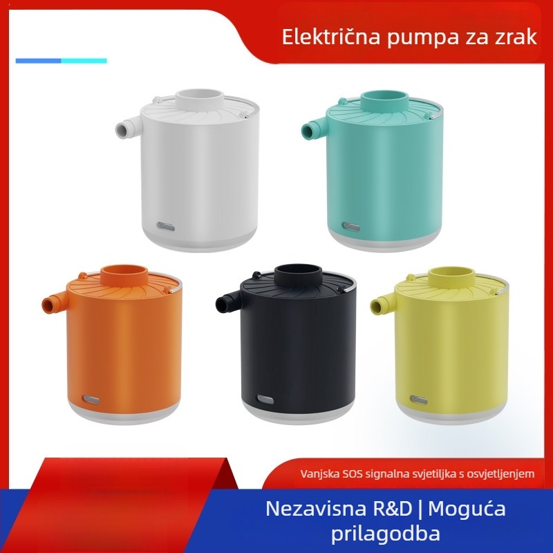 Električna pumpa za zrak s ugrađenom baterijom i osvjetljenjem za vanjske nafukljive predmete (nafukabilni madrac, plivački prsten) – ABS plastika, 5V, 2A, do 80W, protok >70 L/min