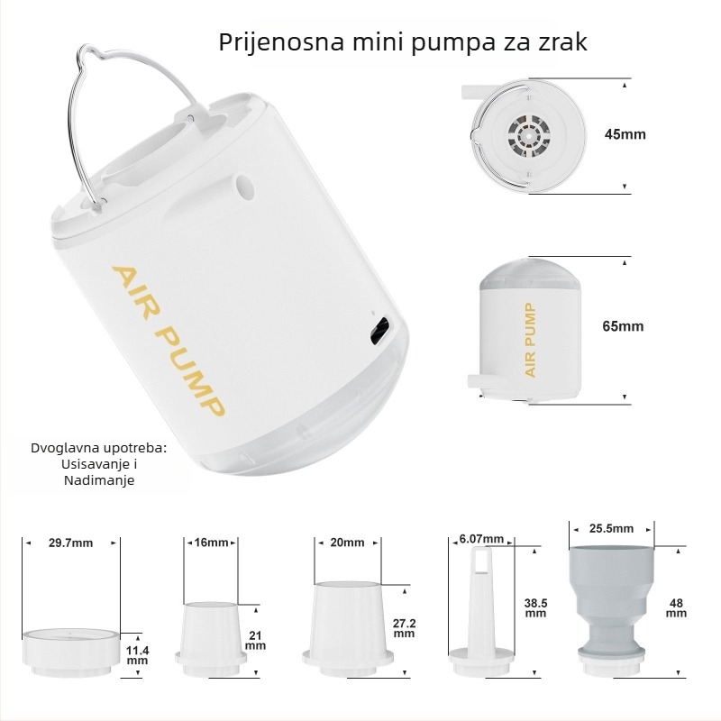 Volip USB napajana 80W prijenosna mini pumpa za zrak za kućnu i vanjsku upotrebu, digitalni zaslon, rasvjeta, protok zraka >70 L/min