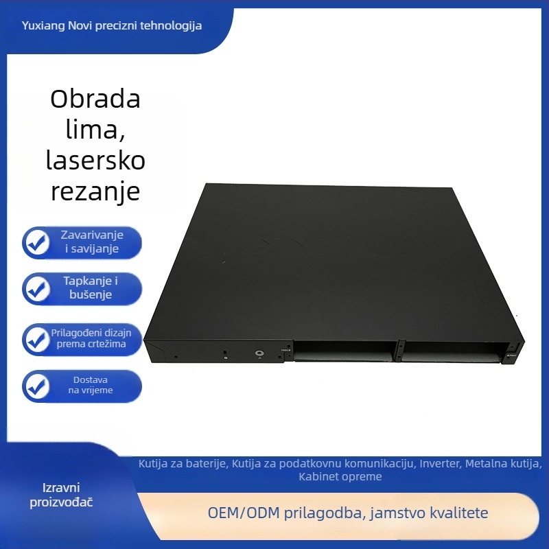 Elektroničko kućište od limenog metala | Materijali: nehrđajući čelik, aluminij, bakar, cinkova legura, molibden; Debljina: 0,5–20 mm; Obrada: lasersko rezanje, presovanje, savijanje, CNC bušenje; Površinska obrada: mat, poliranje, anodiziranje, niklanje; 