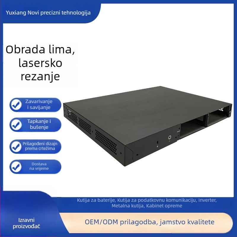 Elektroničko kućište od limenog metala | Materijali: nehrđajući čelik, aluminij, bakar, cinkova legura, molibden; Debljina: 0,5–20 mm; Obrada: lasersko rezanje, presovanje, savijanje, CNC bušenje; Površinska obrada: mat, poliranje, anodiziranje, niklanje; 
