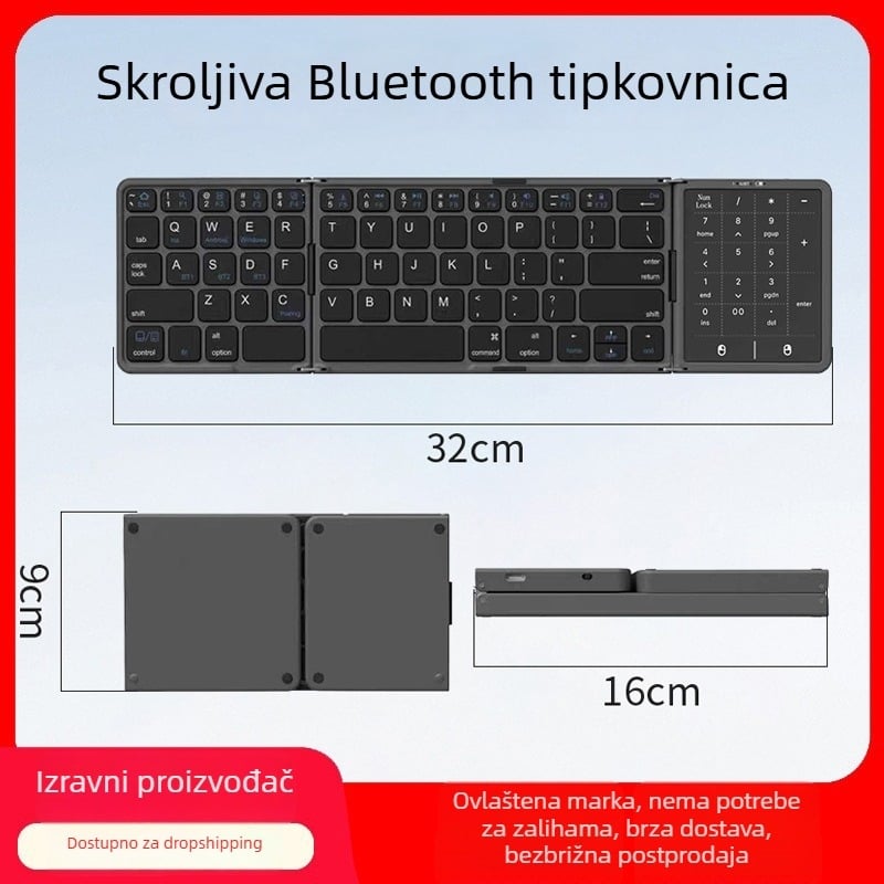 Sklopiva Bluetooth tipkovnica s Type-C punjenjem i velikim touchpadom, idealna za digitalni ured