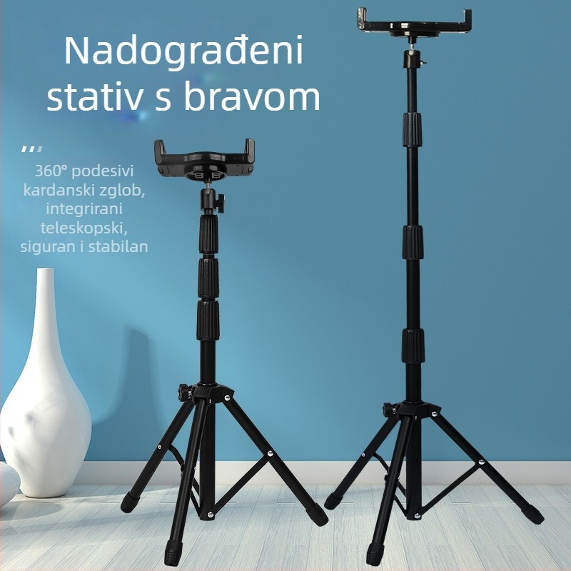 Podni trokutasti držač za tablet s podiznim mehanizmom; unutarnja i vanjska uporaba; kompatibilan s tabletima od 4,7 do 13,9 inča; pogodan za mobilni livestream i gledanje u krevetu.